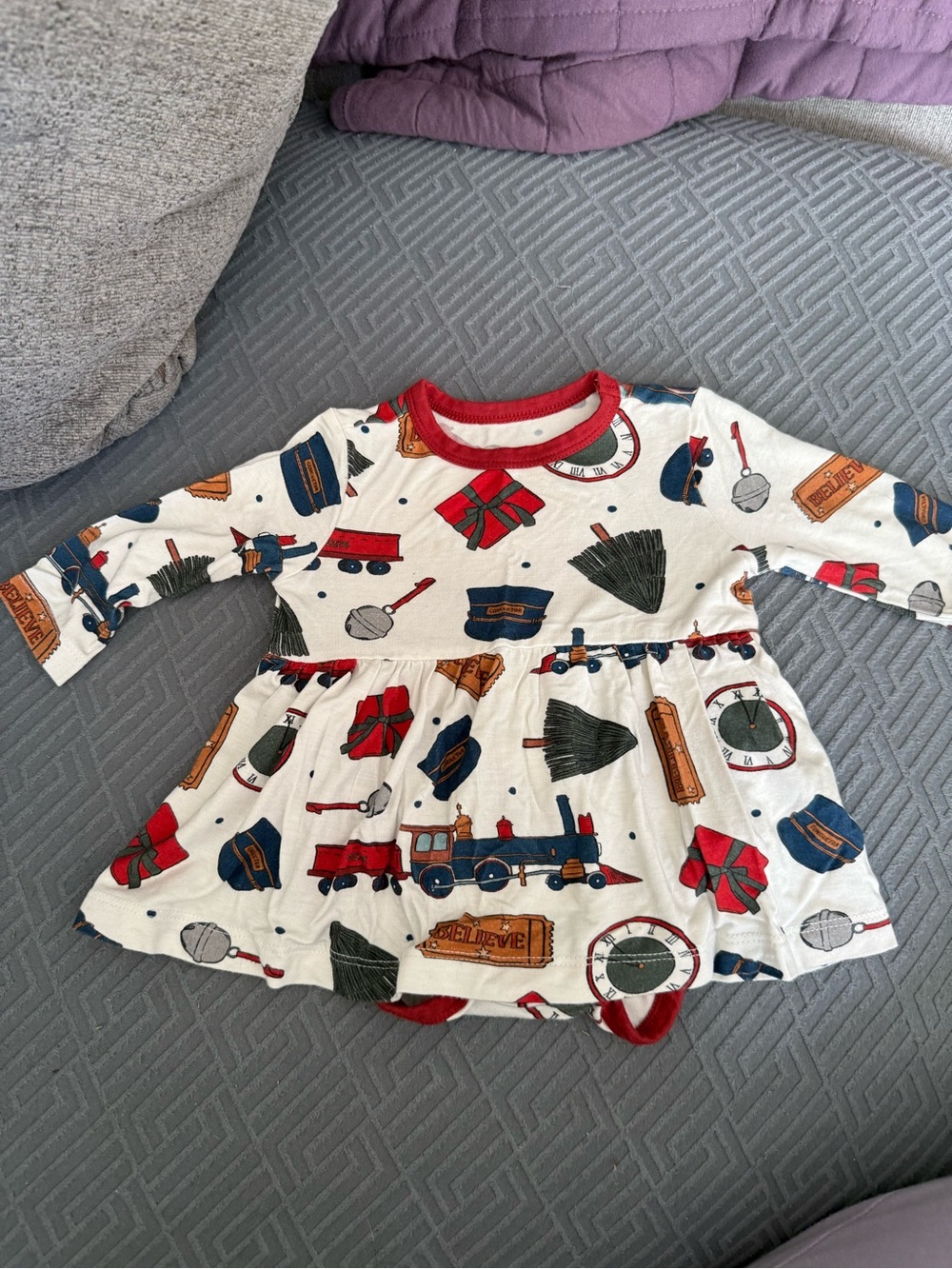 Larkspur Baby Twirl Dress with Polar Express Print - Red Trim